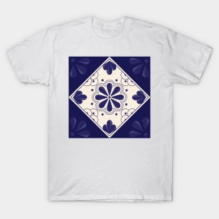 Blue Floral Talavera Tile by Akbaly T-Shirt